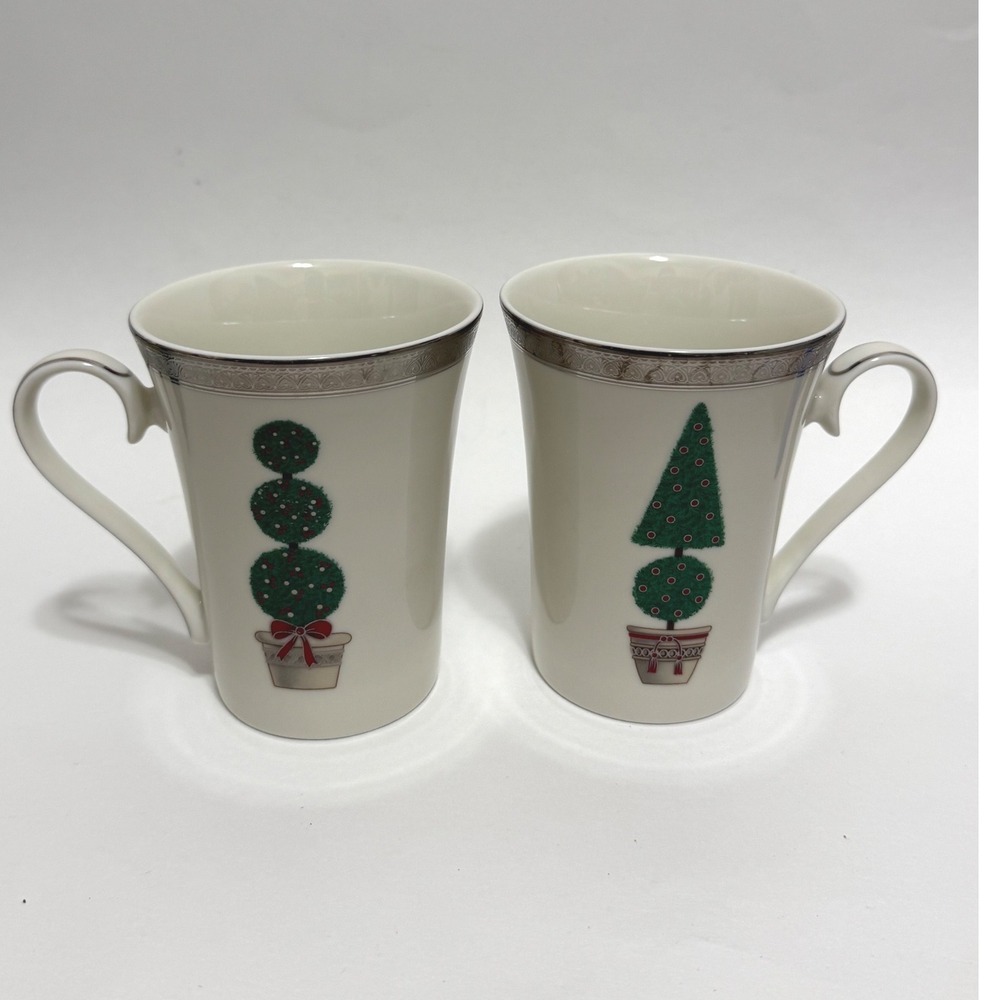 Mikasa Fine China Topiary Mugs Set of 2 L3284 L3286 White Green Christmas Garden